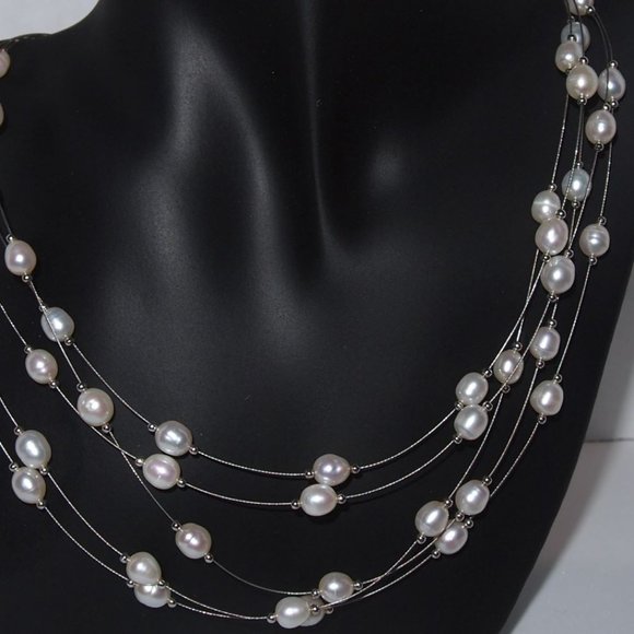 Genuine Fresh-Water Pearls 5 Strands on 16 Inch Silver Necklace. - Picture 3 of 4